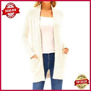 Long Fuzzy Fleece Cardigan with Pockets, Chunky Knit Winter Sweater Coat